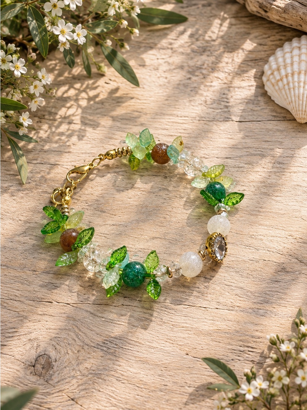 Handmade Green Leaf Iridescent Bead Bracelet - Gold Accents